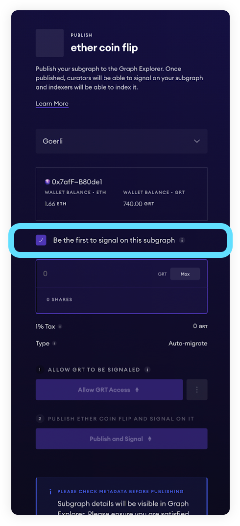 Subgraph Studio publish screen